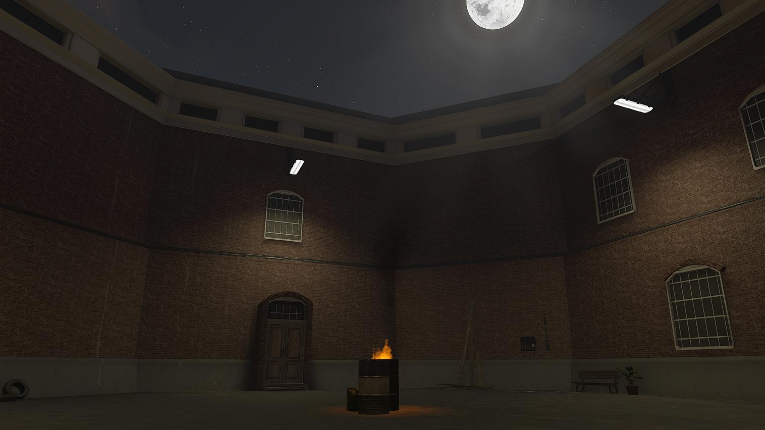 A dimly-lit courtyard with the moon visible in the sky